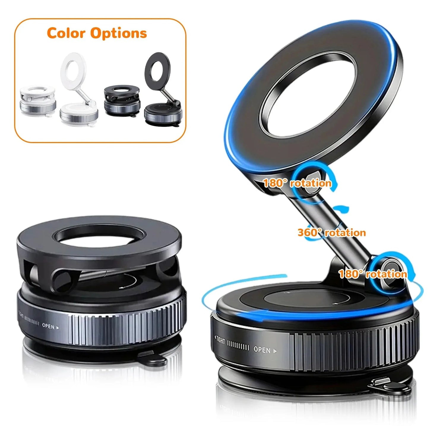 Portable 360° Multifunctional Car Vacuum Magnetic Phone Holder with Foldable Rotatable Suction Cup Stand for iPhone 16 and Samsung Devices