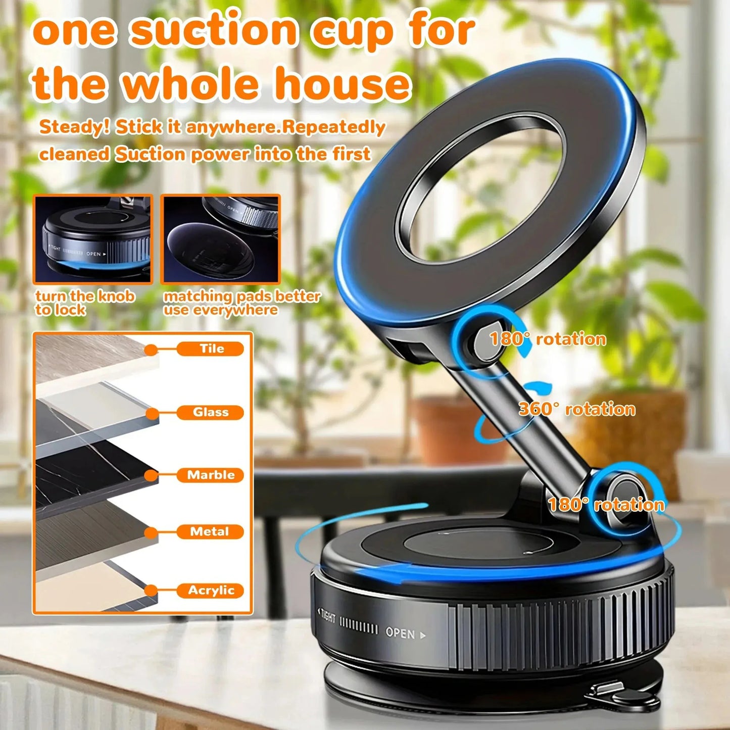 Portable 360° Multifunctional Car Vacuum Magnetic Phone Holder with Foldable Rotatable Suction Cup Stand for iPhone 16 and Samsung Devices